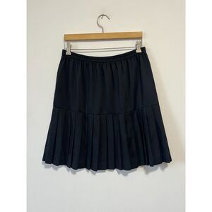 Vintage 80s Black Pleated Hem Midi Skirt Poly Rayon Elastic 28+ Inch Waist